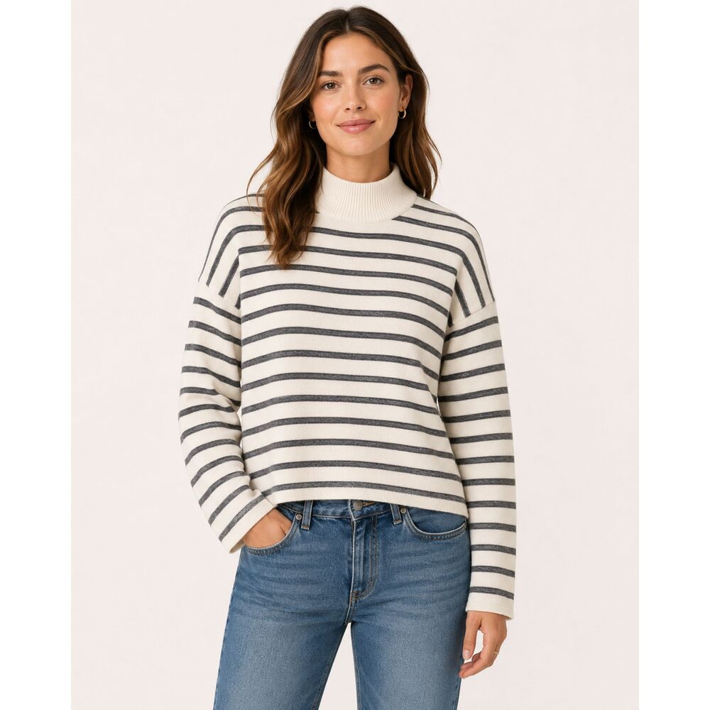 Madewell Merino Wool Striped Mock Neck Sweater Women's M Ivory Gray Oversized